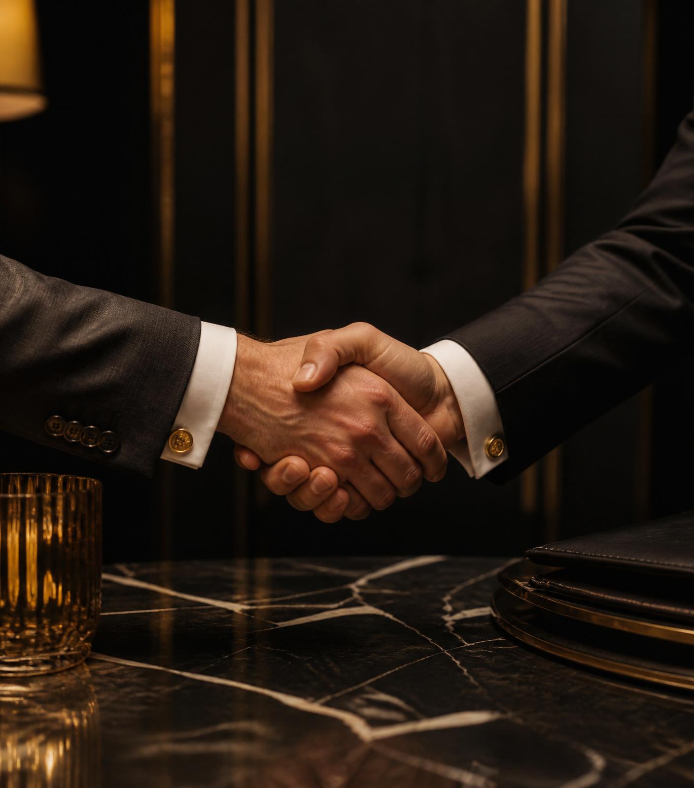 Aperto de mãos entre executivos sobre mesa de mármore
